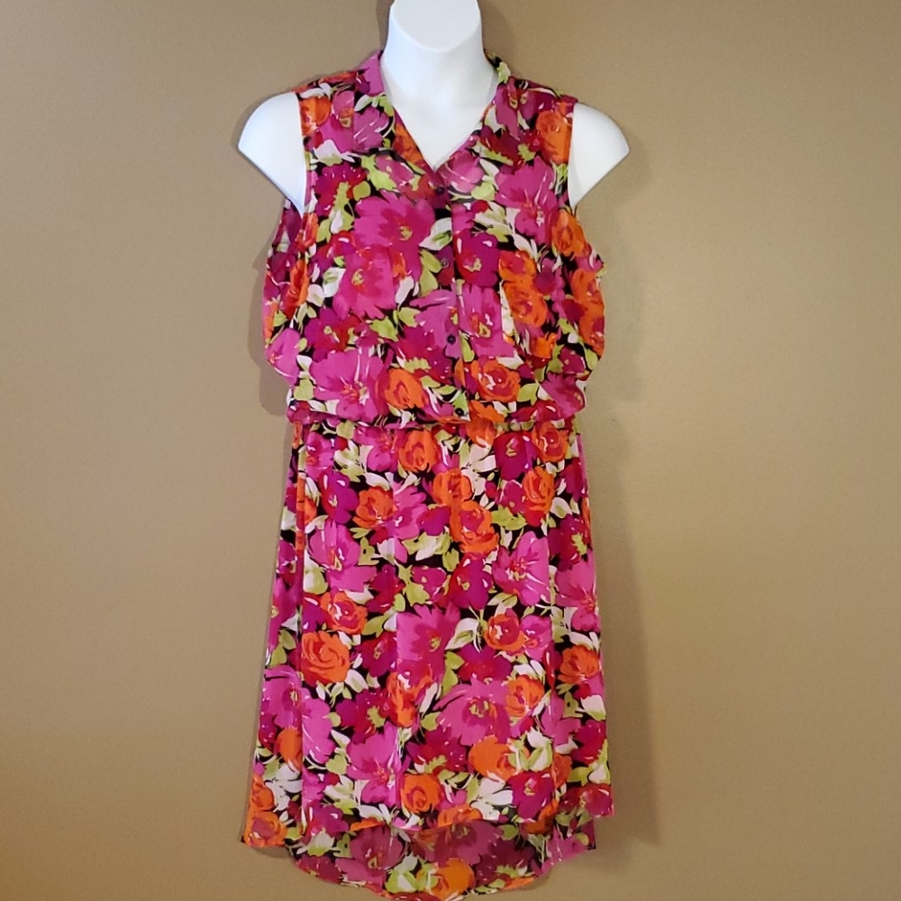 Sleeveless high-low red and pink dress